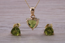 Load image into Gallery viewer, Trillion cut Peridot Earrings and Matching Necklace set Yellow Gold