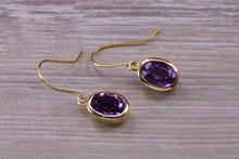 Load image into Gallery viewer, Natural Oval cut Amethyst dropper earrings, set in solid 9ct Yellow gold