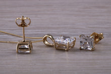 Load image into Gallery viewer, Square cut Yellow Gold C Z set Diamond Look Earrings and Matching Necklace