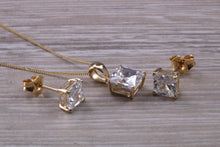 Load image into Gallery viewer, Square cut Yellow Gold C Z set Diamond Look Earrings and Matching Necklace