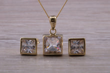 Load image into Gallery viewer, Square cut Yellow Gold Earrings and Matching Necklace