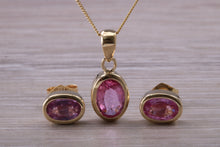 Load image into Gallery viewer, Oval cut Pink Sapphire Earrings and Matching Necklace Set in Yellow Gold