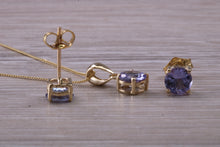 Load image into Gallery viewer, Round cut Tanzanite Earrings with Matching Necklace set in Yellow Gold