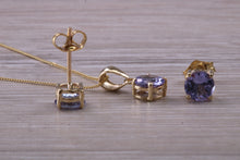 Load image into Gallery viewer, Round cut Tanzanite Earrings with Matching Necklace set in Yellow Gold