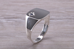 Blue Sapphire set Signet Ring, Made in your Choice of Precious Metals