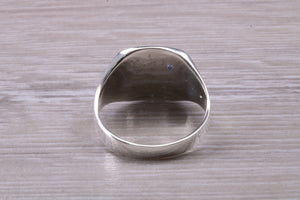 Blue Sapphire set Signet Ring, Made in your Choice of Precious Metals