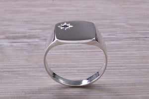 Blue Sapphire set Signet Ring, Made in your Choice of Precious Metals
