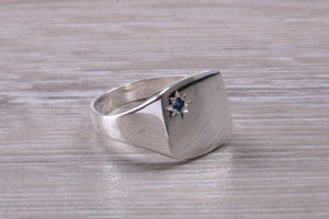 Blue Sapphire set Signet Ring, Made in your Choice of Precious Metals