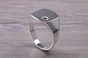 Blue Sapphire set Signet Ring, Made in your Choice of Precious Metals