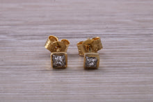 Load image into Gallery viewer, Simple Princess cut Diamond set 18ct Yellow Gold Solitaire Stud Earrings
