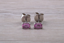 Load image into Gallery viewer, Emerald cut Pink Sapphire set Platinum Stud Earrings