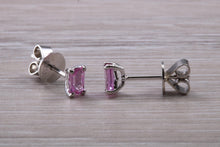 Load image into Gallery viewer, Emerald cut Pink Sapphire set Platinum Stud Earrings