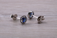 Load image into Gallery viewer, Blue Sapphire and Diamond Halo set Stud Earrings