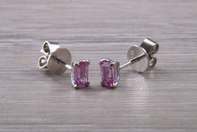 Load image into Gallery viewer, Emerald cut Pink Sapphire set Platinum Stud Earrings