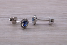 Load image into Gallery viewer, Blue Sapphire and Diamond Halo set Stud Earrings