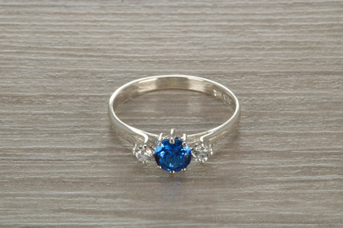 Sterling Silver Sapphire Blue C Z Trilogy Ring