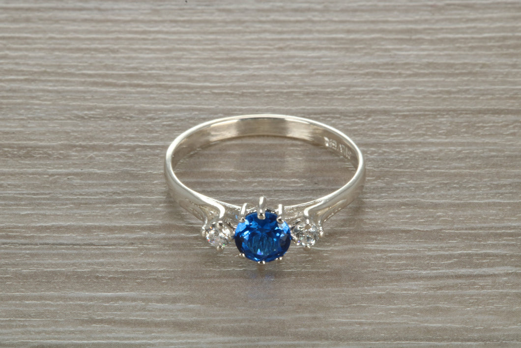 Sterling Silver Sapphire Blue C Z Trilogy Ring