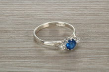 Load image into Gallery viewer, Sterling Silver Sapphire Blue C Z Trilogy Ring