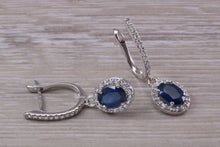 Load image into Gallery viewer, Beautiful Halo set Sapphire and Diamond Dropper Earrings, 2.84ct Total Gemstone Weight