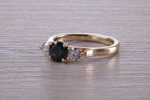Load image into Gallery viewer, Teal Blue Sapphire and Diamond Trilogy Ring
