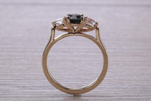 Load image into Gallery viewer, Teal Blue Sapphire and Diamond Trilogy Ring