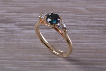 Load image into Gallery viewer, Teal Blue Sapphire and Diamond Trilogy Ring