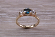 Load image into Gallery viewer, Teal Blue Sapphire and Diamond Trilogy Ring