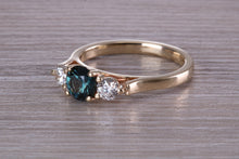 Load image into Gallery viewer, Teal Blue Sapphire and Diamond Trilogy Ring
