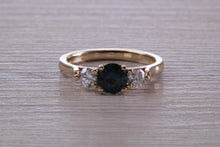 Load image into Gallery viewer, Teal Blue Sapphire and Diamond Trilogy Ring