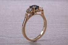 Load image into Gallery viewer, Teal Blue Sapphire and Diamond Trilogy Ring