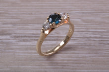 Load image into Gallery viewer, Teal Blue Sapphire and Diamond Trilogy Ring