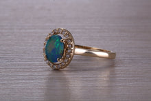 Load image into Gallery viewer, Beautiful Fiery Natural Opal and Diamonds set Gold Ring