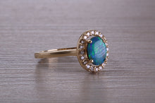 Load image into Gallery viewer, Beautiful Fiery Natural Opal and Diamonds set Gold Ring