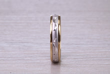 Load image into Gallery viewer, 4 mm Wide Spinning Yellow and White Gold Patterned Wedding Band