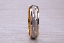 Load image into Gallery viewer, Matching Bridal Bands, 6 mm and 4 mm Wide Spinning Yellow and White Gold Patterned Wedding Bands