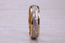 Load image into Gallery viewer, 6 mm Wide Spinning Yellow and White Gold Patterned Wedding Band