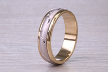 Load image into Gallery viewer, 6 mm Wide Spinning Yellow and White Gold Patterned Wedding Band