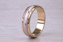 Load image into Gallery viewer, 6 mm Wide Yellow and White Gold Patterned Wedding Band, British Hallmarked