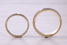 Load image into Gallery viewer, Matching Bridal Bands, 6 mm and 4 mm Wide Spinning Yellow and White Gold Patterned Wedding Bands