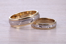 Load image into Gallery viewer, Matching Bridal Bands, 6 mm and 4 mm Wide Spinning Yellow and White Gold Patterned Wedding Bands