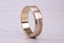 Load image into Gallery viewer, 6 mm Wide Three Tone , Solid 18ct Yellow, Rose and White Gold Wedding Band