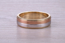 Load image into Gallery viewer, 6 mm Wide Three Tone , Solid 18ct Yellow, Rose and White Gold Wedding Band