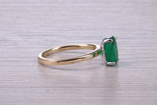 Load image into Gallery viewer, One carat Oval cut Bottle Green Emerald set Dainty 18ct Yellow Gold Solitaire