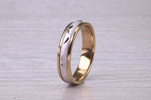 Load image into Gallery viewer, 4 mm Wide Spinning Yellow and White Gold Patterned Wedding Band