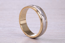 Load image into Gallery viewer, 6 mm Wide Yellow and White Gold Patterned Wedding Band, British Hallmarked