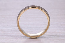 Load image into Gallery viewer, 6 mm Wide Spinning Yellow and White Gold Patterned Wedding Band