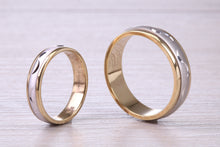 Load image into Gallery viewer, Matching Bridal Bands, 6 mm and 4 mm Wide Spinning Yellow and White Gold Patterned Wedding Bands