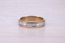 Load image into Gallery viewer, Matching Bridal Bands, 6 mm and 4 mm Wide Spinning Yellow and White Gold Patterned Wedding Bands