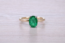 Load image into Gallery viewer, One carat Oval cut Bottle Green Emerald set Dainty 18ct Yellow Gold Solitaire