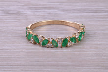 Load image into Gallery viewer, One carat Natural Marquise cut Emeralds and Round Diamonds set Yellow Gold Ring